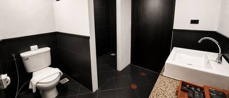 A modern bathroom with a toilet, sink, and shower area.