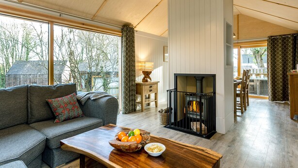 A cozy living room with a sofa, a wooden coffee table with fruit, a fireplace, and large windows offering a view of the outdoors. - Lodge 10 (Wareham)