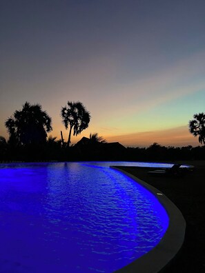 A swimming pool with a curved edge and a blue-lit water feature. - The Funzi Keys (Funzi Island)