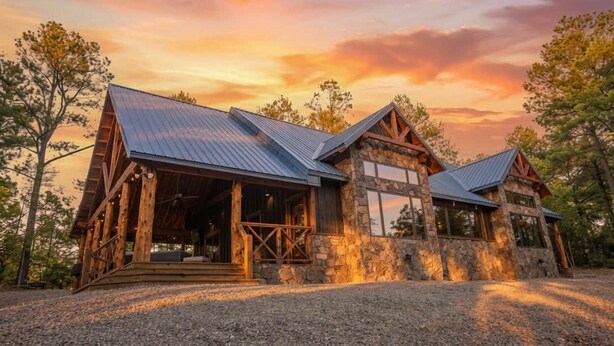 A rustic lodge with a stone facade, large windows, and a covered porch. - Cozy Cabin W/ 2 King Suites, Pet Friendly, Hot tub (Broken Bow)