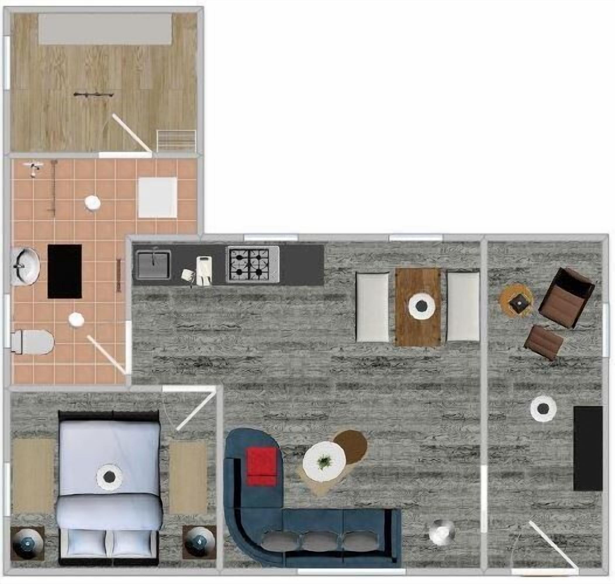 Indeling van een hotelkamer met een bed, zithoek, kitchenette en badkamer.
