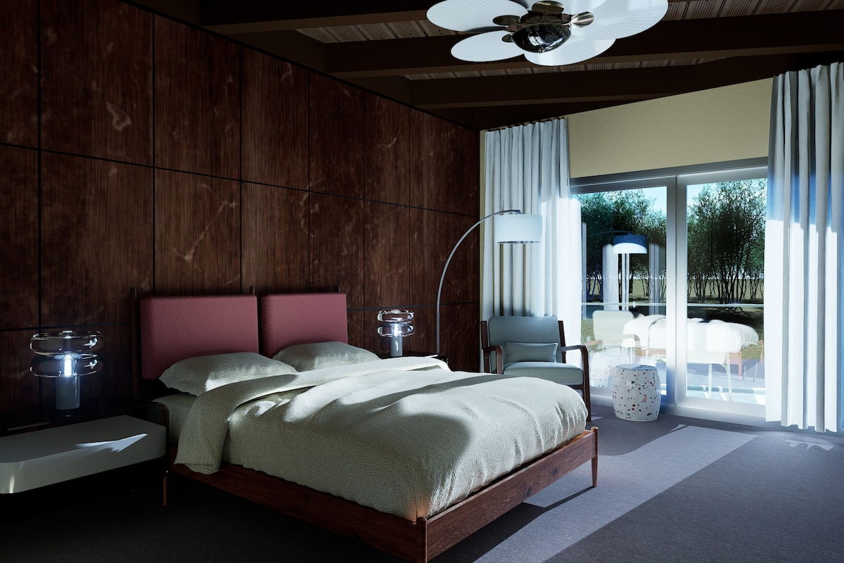 Phòng, 1 giường cỡ king (Midcentury) | Trang trí khác biệt, màn/rèm cản sáng, bàn ủi/dụng cụ ủi quần áo