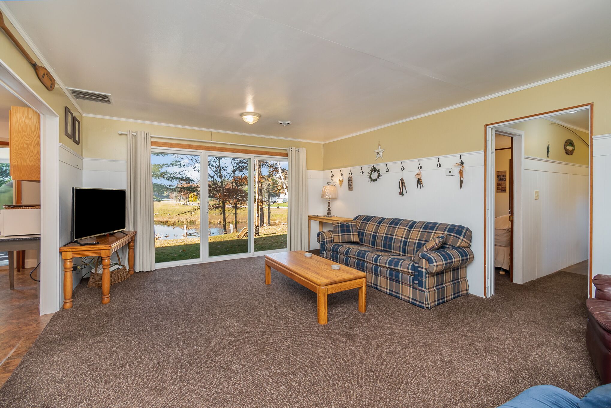 TV, fireplace, table football