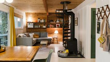 Smart-tv, eldstad, dvd-spelare och böcker