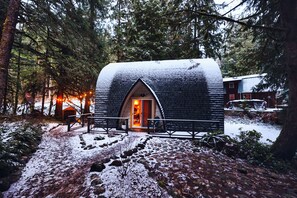 Eine Hütte mit geneigtem Dach, umgeben von Bäumen und Schnee.