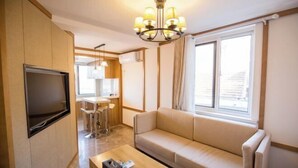Un espacio habitable compacto con sofá, televisor, una mesita y una kitchenette al fondo.