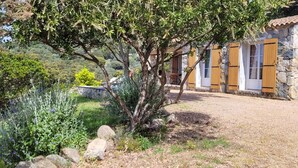 A stone building with wooden shutters, surrounded by a garden with various plants and a gravel path leading to the entrance. - Sheepfold in dry stones with outdoor spa, calm assured  (Granace)