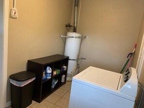 Hair dryer, towels, soap, shampoo