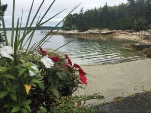 Enjoy a serene lakeside retreat with a sandy beach and wooden dock, surrounded by a dense forest.