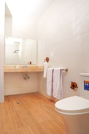 Een douche, gratis toiletartikelen, een haardroger, handdoeken