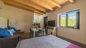 Een slaapkamer met een bed, een bank, een televisie en een raam met uitzicht.