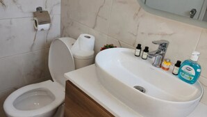 Kylpyhuone, jossa on wc, bidee ja pesuallas.