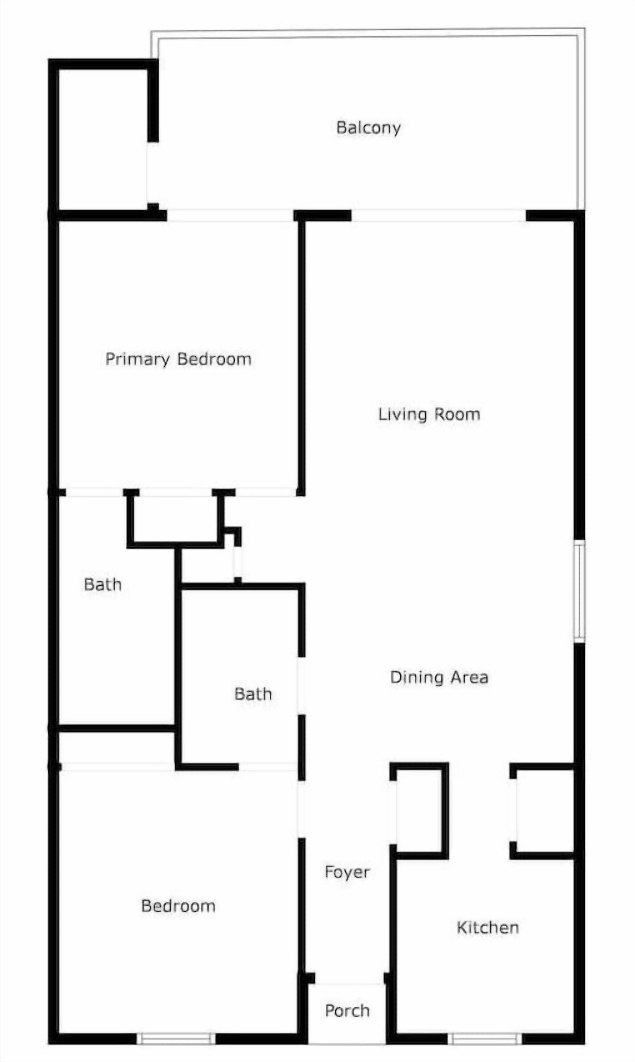 A floor plan with a balcony, primary bedroom, living room, two bathrooms, dining area, foyer, kitchen, bedroom, and porch.