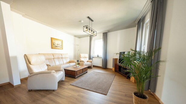 Un salon moderne avec un canapé, une table basse et une plante en pot.