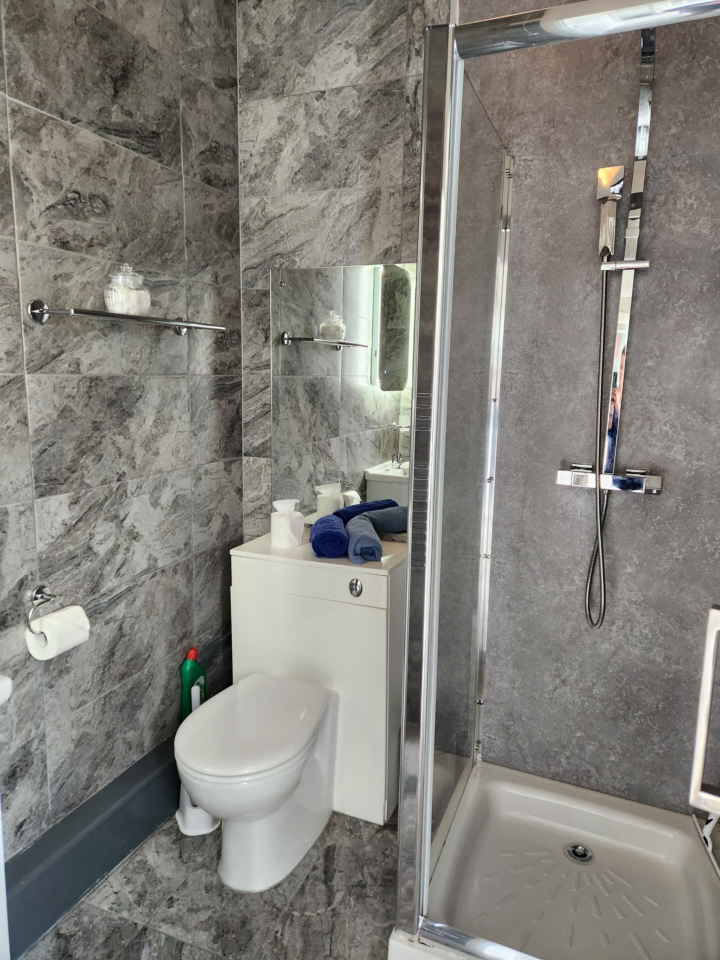 Et moderne badeværelse med bruser, toilet og vask.