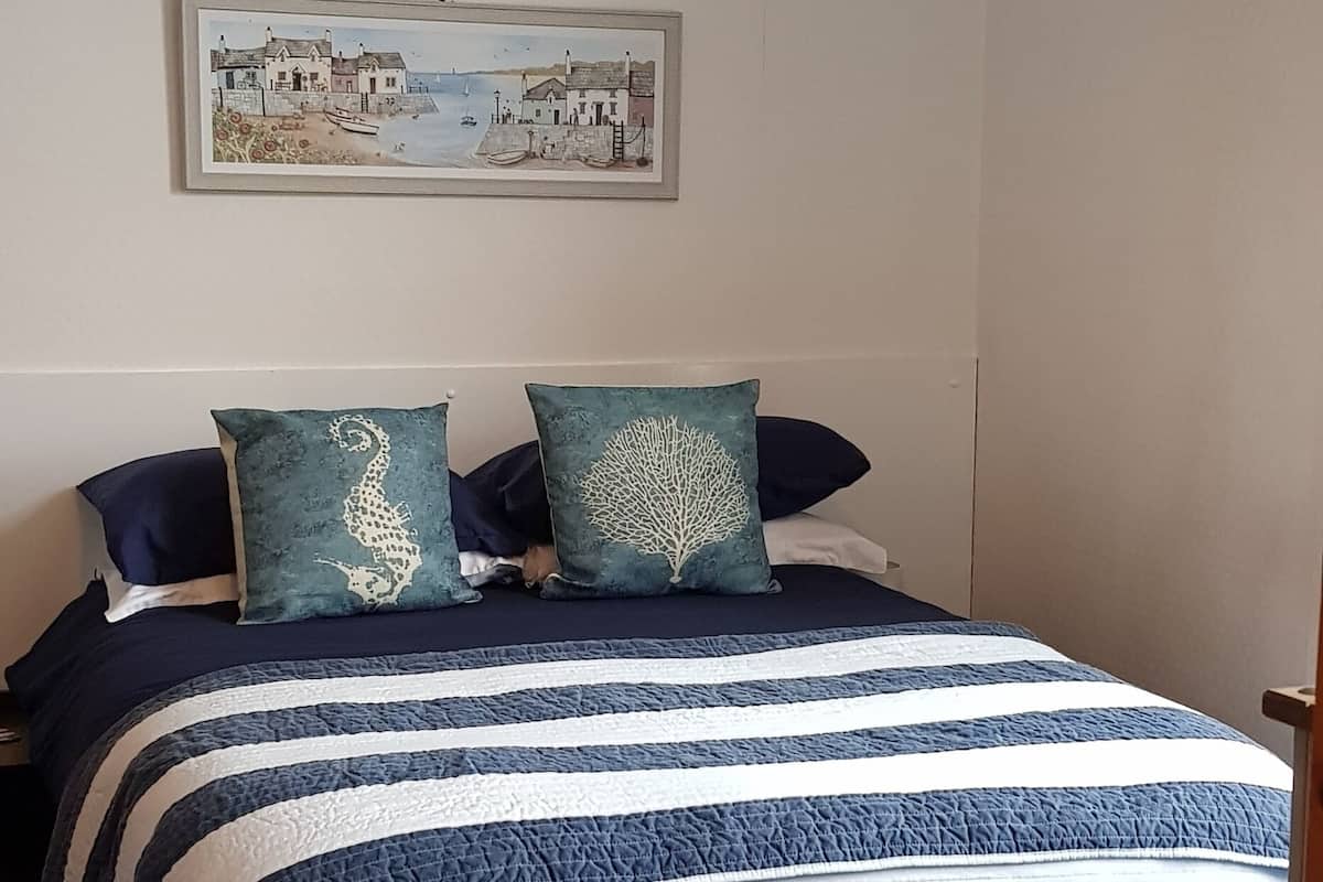 A bedroom with a bed, two pillows, a framed picture on the wall, and a dark blue carpet.