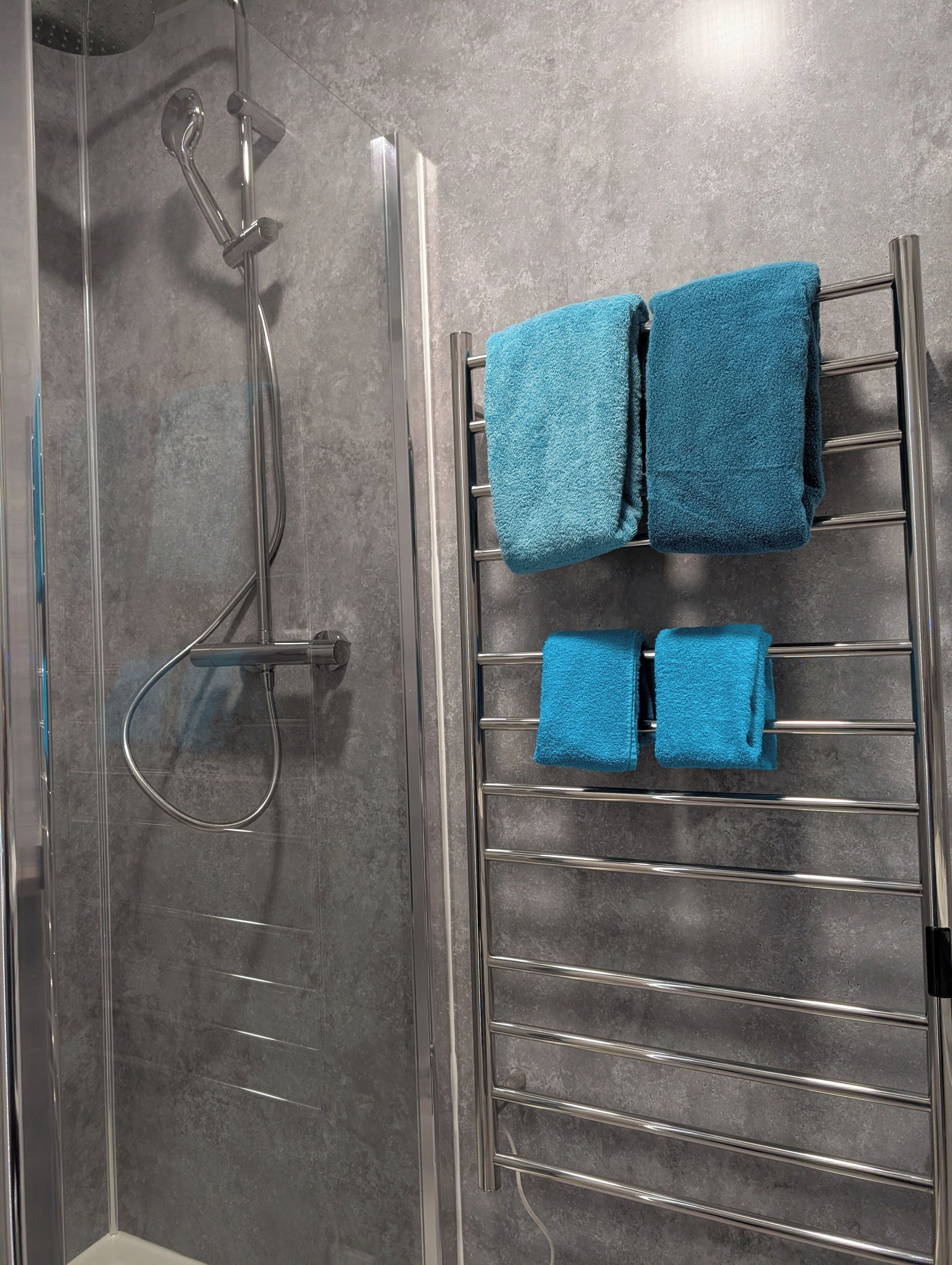 A shower area with a glass door, a chrome showerhead, and a towel rack with two blue towels.