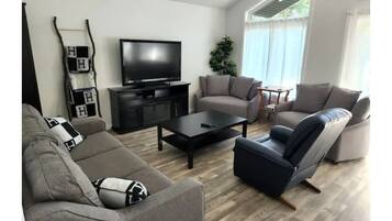 Smart-tv, eldstad, dvd-spelare och böcker