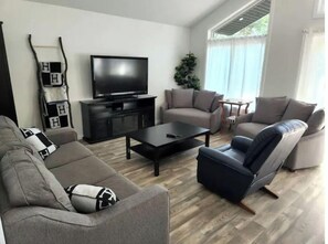 Smart TV, fireplace, DVD player, books