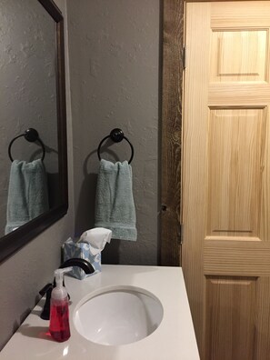 Regadera, secadora de cabello, toallas, jabón 