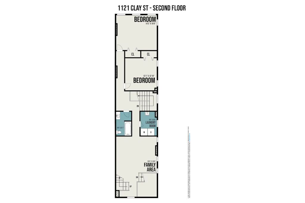 A floor plan of a second-floor apartment at 1121 Clay St. It includes two bedrooms, a laundry room, a family area, and a bathroom.