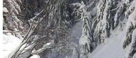 Een besneeuwde bergpad met een skiënde persoon.