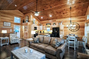 Flat-screen TV, fireplace, foosball