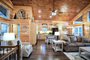 Flat-screen TV, fireplace, foosball