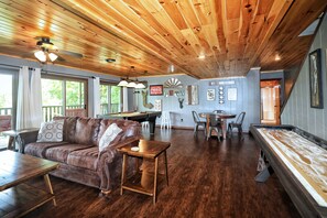 Smart TV, fireplace, DVD player, foosball