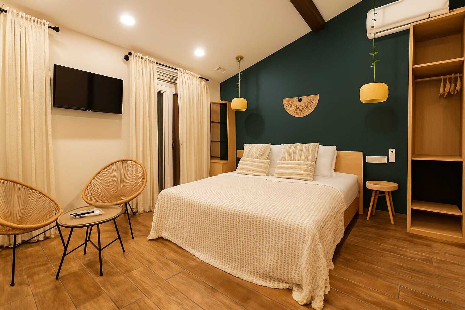 Une chambre à coucher avec un lit, deux chaises, un téléviseur et une armoire.