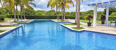 Une piscine rectangulaire à l’eau d’un bleu cristallin, entourée de palmiers et bordée d’une pelouse bien entretenue.