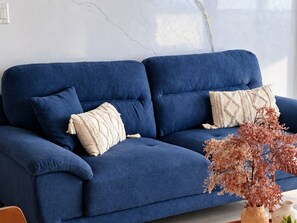 A blue sofa with two pillows, a vase with dried plants, and a wall with a crack. - Family-Friendly Ocean View Apto in Playa Blanca (Coclé)