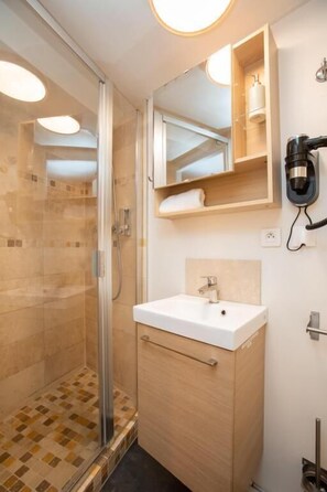Shower, hair dryer, towels