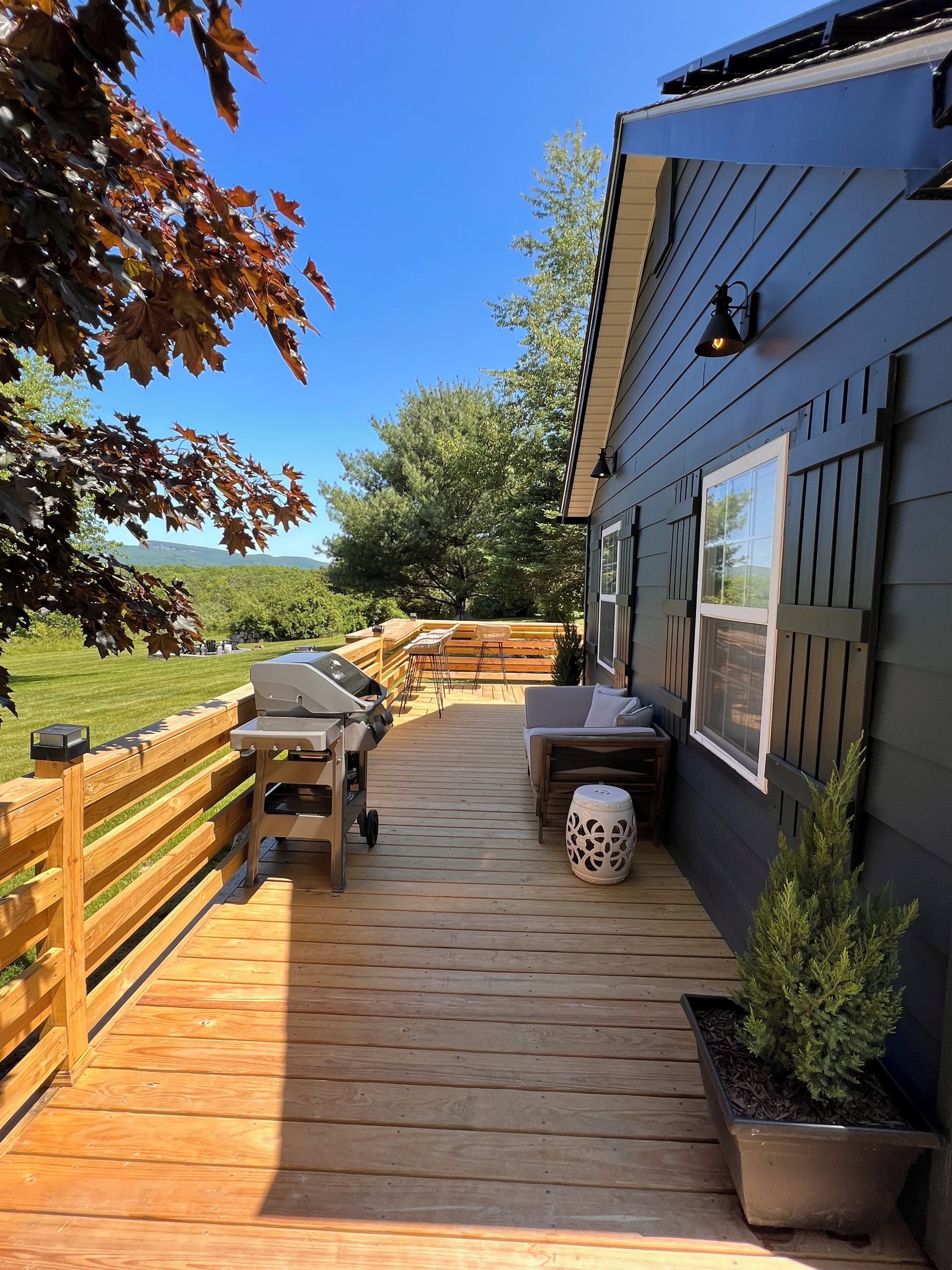 A wooden deck with outdoor furniture, a grill, and a potted plant.