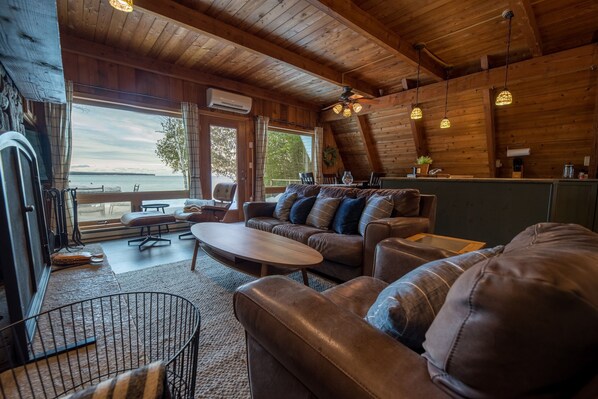 Smart TV, fireplace, DVD player, books