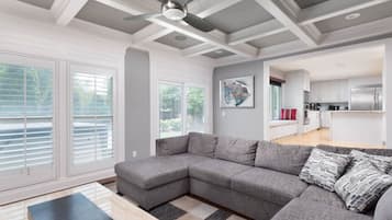 Smart TV, fireplace, books, stereo