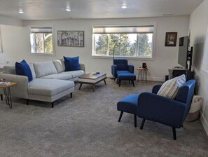 Smart TV, fireplace, video games, DVD player