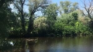 Un río tranquilo con una barca amarrada a la derecha.