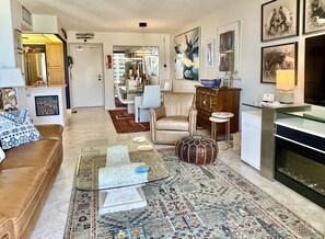 Smart TV, fireplace, books, music library