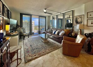 Smart TV, fireplace, books, music library