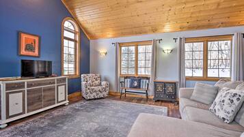 TV, fireplace, books