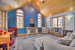 TV, fireplace, books