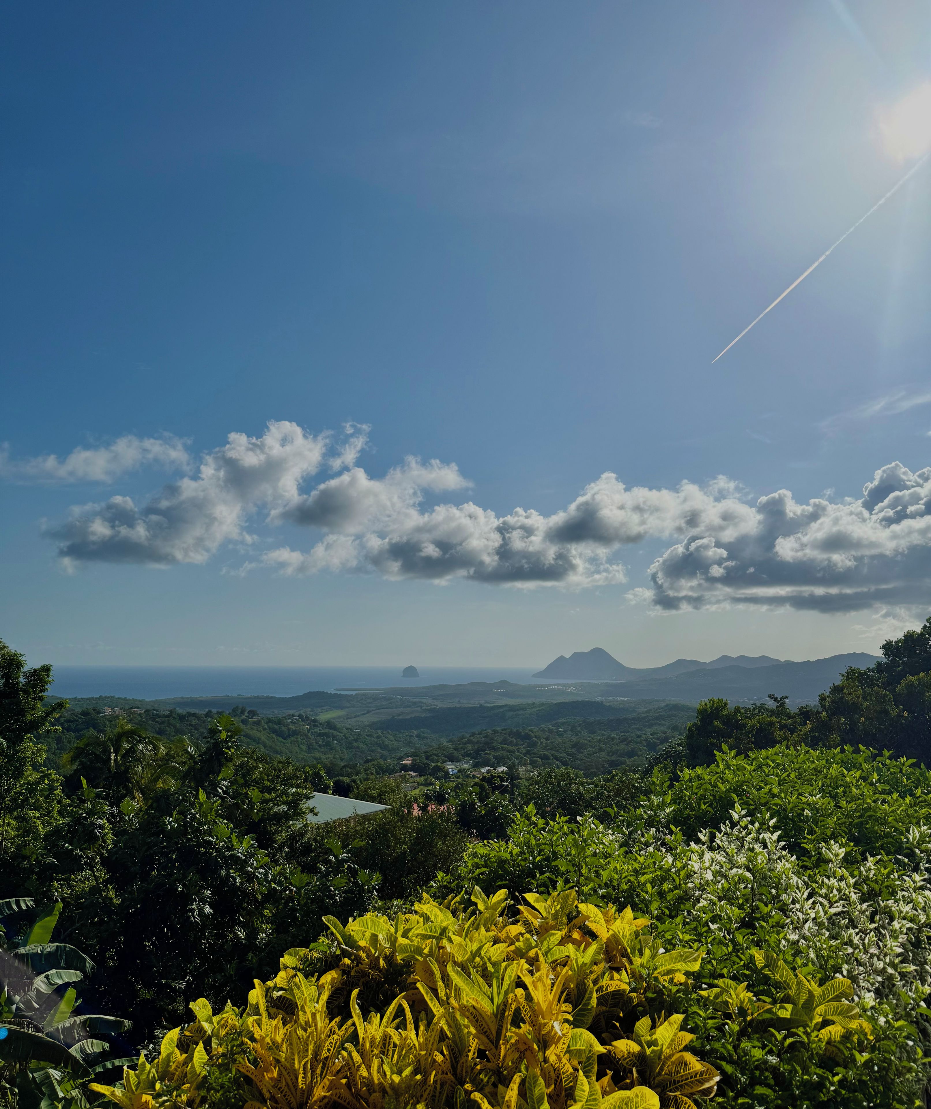 Un paysage comprenant une chaîne de montagnes, de la végétation et un ciel dégagé.