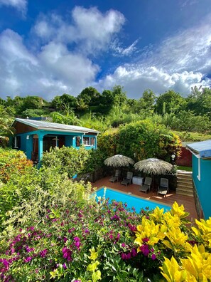 Une maison bleue avec une piscine, entourée d’une végétation luxuriante et de fleurs aux couleurs vives.
