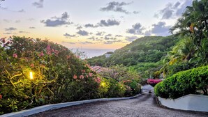 A paved pathway leading through a lush, green area with flowering plants and trees. - Panoramic Views as Sunsets await, Close to Beaches, Sandals Golf and Cabot Golf (Cap Estates)