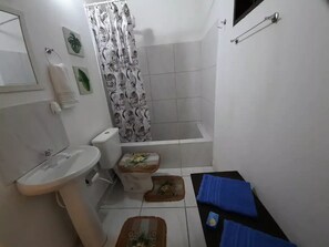 Een douche, een bidet, handdoeken, zeep