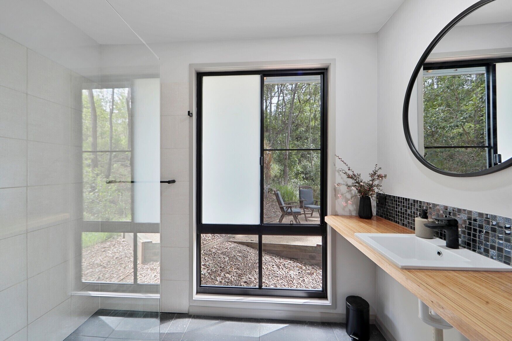 Shower, jetted tub, towels, soap