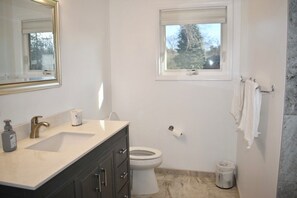 A bathroom with a sink, toilet, and window. - Bloomfield Hills Modern, Luxurious Ranch, 1900 Sq Ft, 3 Bedroom/2.5 Bath + Patio (Bloomfield Hills)