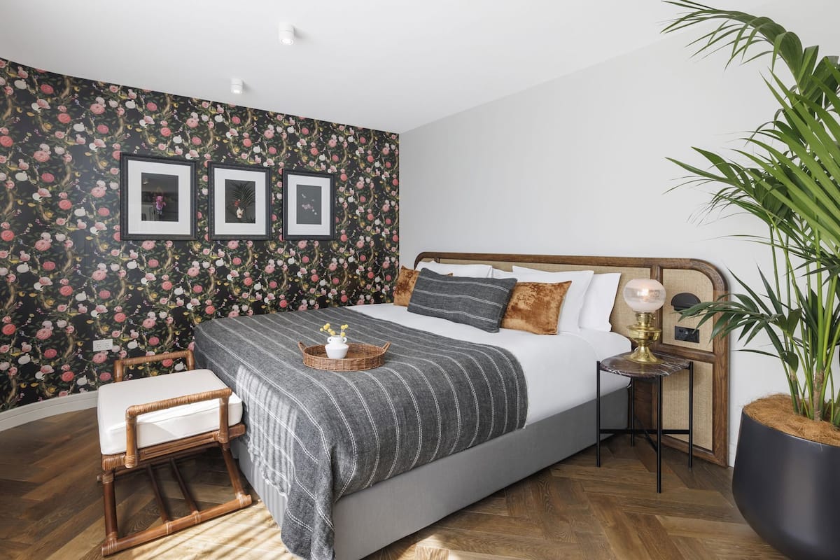 A bedroom with a floral wallpaper, a bed with a striped blanket, a bedside table with a lamp, a chair, and a large potted plant.