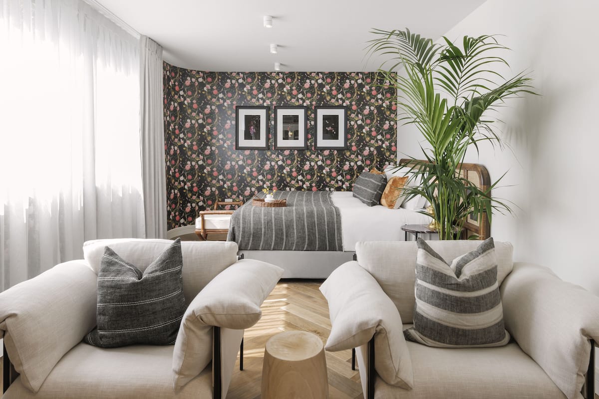 A bedroom with a bed, two armchairs, a coffee table, a large potted plant, and a wall with framed pictures.